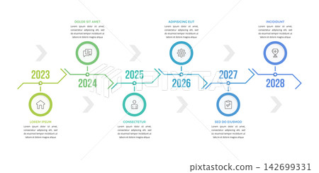 Six Step Timeline Infographic Template With Arrow Connectors Six Step Timeline Infographic Template With Arrow Connectors 142699331