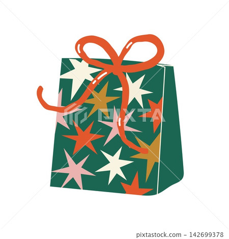 Green gift paper bag with red ribbon bow and colorful star pattern for christmas and holidays Green gift paper bag with red ribbon bow and colorful star pattern for christmas and holidays 142699378