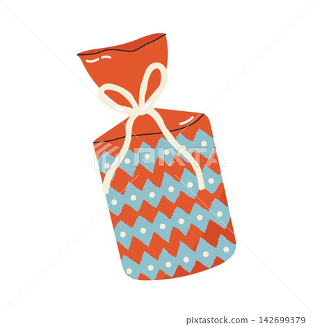Tall christmas gift box wrapped in blue and red pattern with white ribbon bow Tall christmas gift box wrapped in blue and red pattern with white ribbon bow 142699379