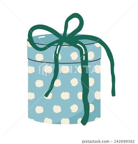 Round blue gift box with polka dots and green ribbon bow for christmas and birthday Round blue gift box with polka dots and green ribbon bow for christmas and birthday 142699382