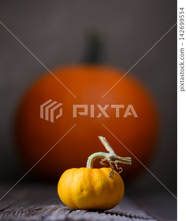 Large and small orange pumpkins on an old rusty wooden table Large and small orange pumpkins on an old rusty wooden table 142699554