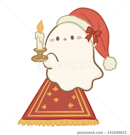 Cute Christmas Ghost Wearing Santa Hat Holding Glowing Candle on Vintage Golden Candleholder Cozy Traditional Holiday Illustration Cute Christmas Ghost Wearing Santa Hat Holding Glowing Candle on Vintage Golden Candleholder Cozy Traditional Holiday Illustration 142699655