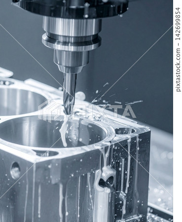 3 axis machining center cuts the engine cylinder block with a solid ball-end mill 142699854