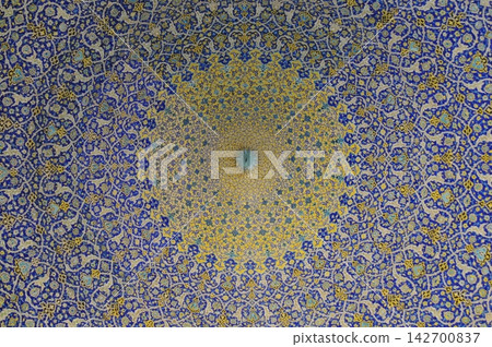 Iran, Isfahan, Imam Square, Imam Mosque, dome of the central prayer hall decorated with tiles. 142700837