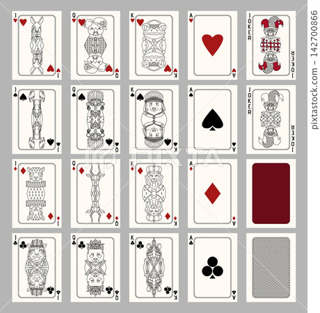 54 Animal Poker Playing Cards Vector Deck with Editable Line Art 142700866