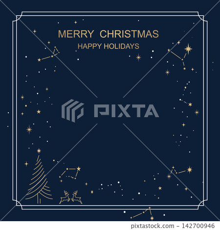 A Christmas frame adorned with gold stars and constellations, with a night sky background. A Christmas frame adorned with gold stars and constellations, with a night sky background. 142700946