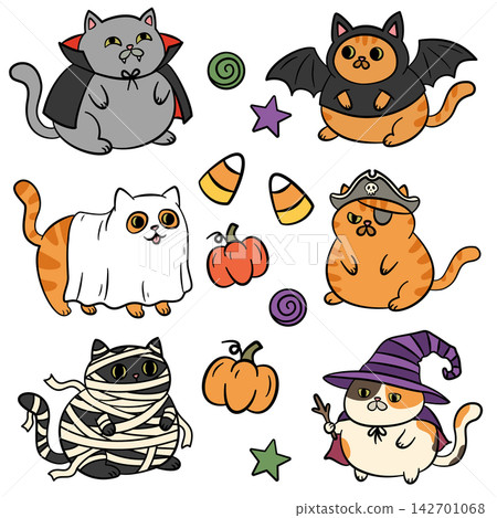 Cute Halloween fat cat collection, set of spooky chubby kitty in costumes vector illustrations Cute Halloween fat cat collection, set of spooky chubby kitty in costumes vector illustrations 142701068