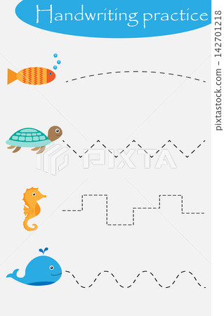 Ocean and sea animals wheel, fish, turtle, seahorse, handwriting practice sheet, kids preschool activity, educational children game, printable worksheet, writing training, vector illustration Ocean and sea animals wheel, fish, turtle, seahorse, handwriting practice sheet, kids preschool activity, educational children game, printable worksheet, writing training, vector illustration 142701218
