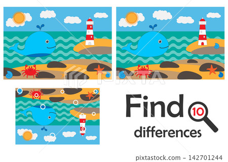 Find 10 differences, game for children, ocean life in cartoon style, education game for kids, preschool worksheet activity, task for the development of logical thinking, vector illustration Find 10 differences, game for children, ocean life in cartoon style, education game for kids, preschool worksheet activity, task for the development of logical thinking, vector illustration 142701244