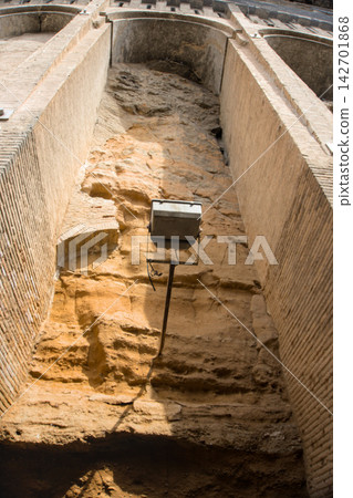 Bare rock inside the brick substructure of the Bishop's Palace in Tarazona Bare rock inside the brick substructure of the Bishop's Palace in Tarazona 142701868