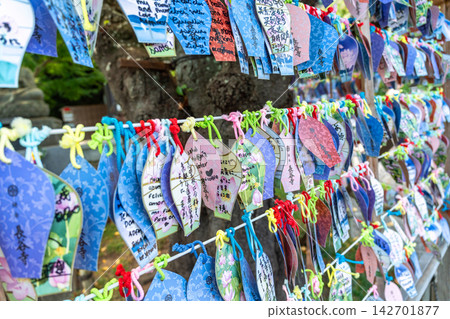 Colorful paper prayer plaques hanging at Hase-dera temple in Kamakura Japan Colorful paper prayer plaques hanging at Hase-dera temple in Kamakura Japan 142701877
