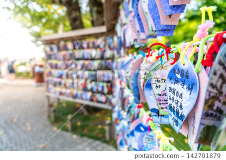 Colorful paper prayer plaques hanging at Hase-dera temple in Kamakura Japan Colorful paper prayer plaques hanging at Hase-dera temple in Kamakura Japan 142701879