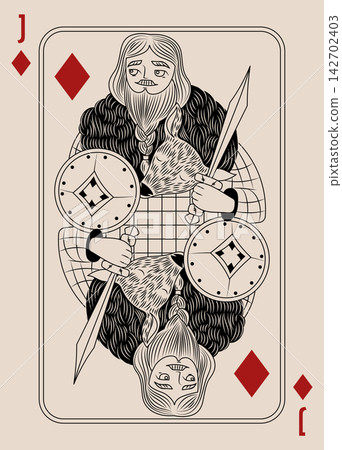 Jack of Diamonds vector playing card in Viking style with sword shield Jack of Diamonds vector playing card in Viking style with sword shield 142702403