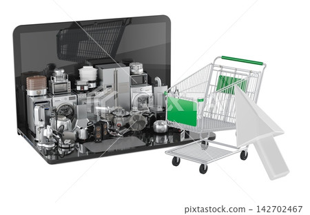 Online appliance shopping with laptop cart and cursor. 3D rendering Online appliance shopping with laptop cart and cursor. 3D rendering 142702467
