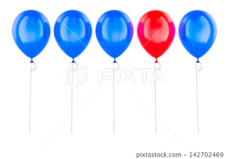 Red balloon standing out among blue balloons. Individuality, uniqueness, leadership and standing out from the crowd. 3D rendering 142702469