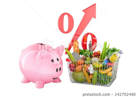 Food inflation with grocery basket piggy bank and rising percent arrow. 3D rendering Food inflation with grocery basket piggy bank and rising percent arrow. 3D rendering 142702480