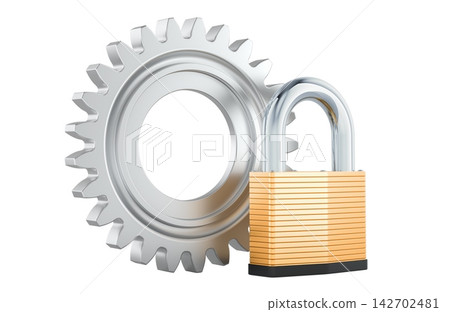 Gear and padlock, concept of system security, access control, data protection and secure technology. 3D rendering Gear and padlock, concept of system security, access control, data protection and secure technology. 3D rendering 142702481