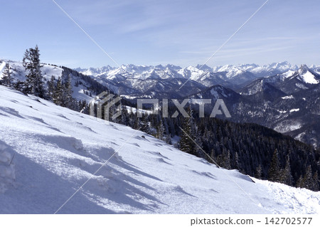Mountain panorama from Wallberg mountain, Bavaria, Germany Mountain panorama from Wallberg mountain, Bavaria, Germany 142702577
