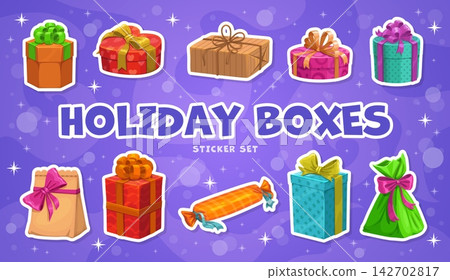 Cartoon holiday gift box stickers of presents and giftboxes, vector packages. Gift boxes with ribbons for Christmas or New Year holiday and birthday party in colorful wrappers, heart shape and candy Cartoon holiday gift box stickers of presents and giftboxes, vector packages. Gift boxes with ribbons for Christmas or New Year holiday and birthday party in colorful wrappers, heart shape and candy 142702817