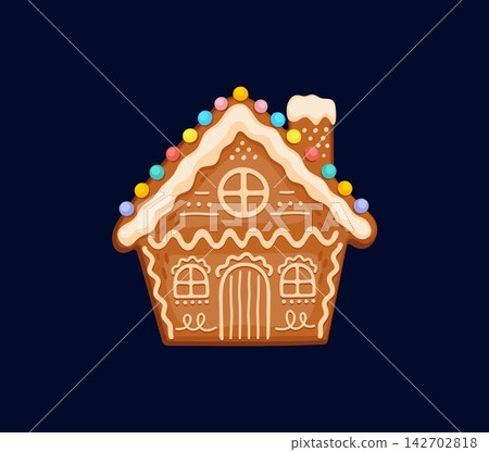 Cartoon Christmas gingerbread house with snow white icing and candy. Sweet and festive vector house for Christmas holiday graphics, festive bakery packaging, winter kitchen decor Cartoon Christmas gingerbread house with snow white icing and candy. Sweet and festive vector house for Christmas holiday graphics, festive bakery packaging, winter kitchen decor 142702818