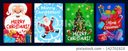 Christmas greeting cards and posters. Festive vector cards featuring cute Santa Claus carrying gifts, making a snow angel. Decorated tree with garlands, baubles, and large present sack Christmas greeting cards and posters. Festive vector cards featuring cute Santa Claus carrying gifts, making a snow angel. Decorated tree with garlands, baubles, and large present sack 142702828