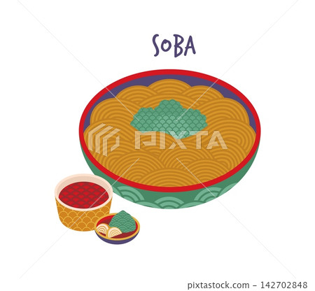 Traditional Japanese soba served in patterned bowl with green condiment and side cup of dipping sauce and toppings dish. Vector authentic savory rustic noodle soup or pasta meal, Japan Asian food Traditional Japanese soba served in patterned bowl with green condiment and side cup of dipping sauce and toppings dish. Vector authentic savory rustic noodle soup or pasta meal, Japan Asian food 142702848