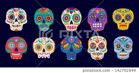 Mexican calavera sugar skulls, day of the dead decorations with marigold flowers and colorful patterns. Cartoon vector designs feature traditional sugar skull aesthetics with Mexican festival symbols Mexican calavera sugar skulls, day of the dead decorations with marigold flowers and colorful patterns. Cartoon vector designs feature traditional sugar skull aesthetics with Mexican festival symbols 142702849