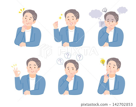 一組插圖,描繪了一位中年男子,他臉上帶著微笑,但表情憂慮。 一組插圖,描繪了一位中年男子,他臉上帶著微笑,但表情憂慮。 142702853