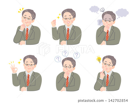 一組插圖,描繪了一位中年男子,他臉上帶著微笑,但表情憂慮。 一組插圖,描繪了一位中年男子,他臉上帶著微笑,但表情憂慮。 142702854