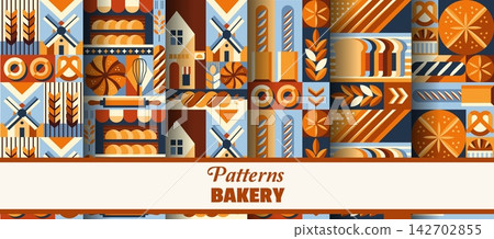 Bakery and pastry seamless patterns with modern geometric ornament. Vector bread tile ornament with loaf, baguette, wheat and bakery icons for packaging, textile, menu, background, decorative texture 142702855