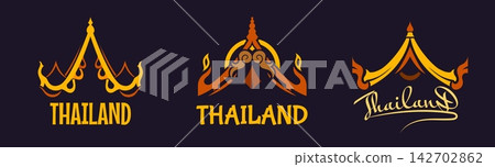 National Thai restaurant or temple roof icons. Thailand religious symbols with traditional gold gable ornament and decorative architecture. Isolated vector elements for restaurant, travel and cuisine National Thai restaurant or temple roof icons. Thailand religious symbols with traditional gold gable ornament and decorative architecture. Isolated vector elements for restaurant, travel and cuisine 142702862