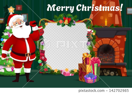Christmas photo frame template featuring Santa singing with microphone by a tree in cozy home with fireplace and gifts. Cartoon border with stockings, stars, pine branches, golden bell, and mistletoe Christmas photo frame template featuring Santa singing with microphone by a tree in cozy home with fireplace and gifts. Cartoon border with stockings, stars, pine branches, golden bell, and mistletoe 142702985