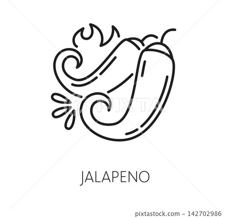 Jalapeno pepper line icon for Mexican holiday and Mexico food or traditional cuisine spice. Jalapeno peppers icon with spicy flavour flames for Mexican fast food or Latin kitchen and culture symbol Jalapeno pepper line icon for Mexican holiday and Mexico food or traditional cuisine spice. Jalapeno peppers icon with spicy flavour flames for Mexican fast food or Latin kitchen and culture symbol 142702986