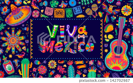 Viva Mexico holiday banner for Mexican Independence Day or fiesta festival. Viva Mexico greeting card with Mexican huichol ornament of sombrero with guitar, pinata, cactus and colorful papel picado Viva Mexico holiday banner for Mexican Independence Day or fiesta festival. Viva Mexico greeting card with Mexican huichol ornament of sombrero with guitar, pinata, cactus and colorful papel picado 142702987