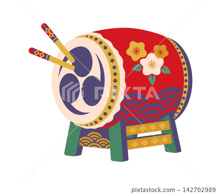 Japanese taiko drum with drumsticks, floral ornament and traditional wave pattern. Vector icon of Japanese musical instrument, festival music, Japan culture, holiday, travel and Asian tradition Japanese taiko drum with drumsticks, floral ornament and traditional wave pattern. Vector icon of Japanese musical instrument, festival music, Japan culture, holiday, travel and Asian tradition 142702989