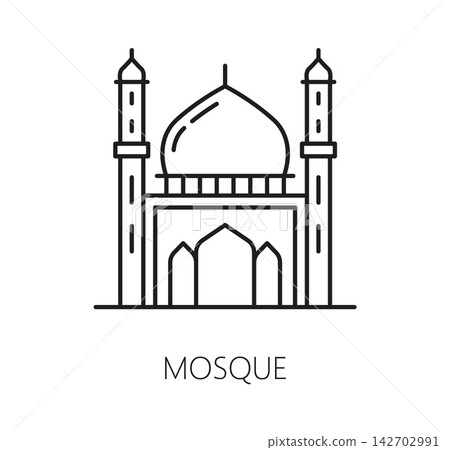 Mosque building icon, Islam religious architecture architecture and Muslim religious temple. Mosque line icon of Islamic masjid shrine building with minarets and dome for Arabian city building 142702991