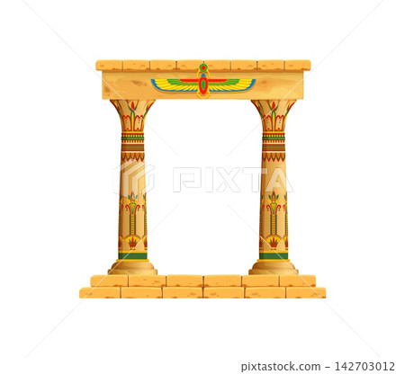 Ancient Egyptian decorated sandstone temple portal with painted papyrus capital columns and lintel with a winged scarab. Egypt temple pillar arch, game asset, old architecture and ritual entrance Ancient Egyptian decorated sandstone temple portal with painted papyrus capital columns and lintel with a winged scarab. Egypt temple pillar arch, game asset, old architecture and ritual entrance 142703012