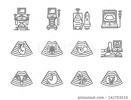 Ultrasound line icons. Medical linear signs of ultrasound equipment and diagnostic scans of heart, fetus, uterus, kidneys, stomach and vessels. Ultrasound machines, portable scanners and monitors Ultrasound line icons. Medical linear signs of ultrasound equipment and diagnostic scans of heart, fetus, uterus, kidneys, stomach and vessels. Ultrasound machines, portable scanners and monitors 142703016