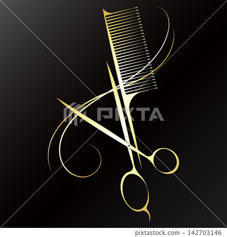 Golden scissors and comb on a black background Golden scissors and comb on a black background 142703146