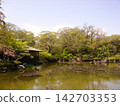 A garden with a pond and a gazebo 142703353