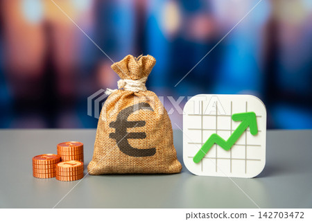 Positive growth chart and Euro money bag. Improving the economy, increasing budget revenues. Working capital surplus. Income and profit growth. Positive growth chart and Euro money bag. Improving the economy, increasing budget revenues. Working capital surplus. Income and profit growth. 142703472