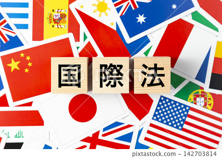 A block with the words "International Law" written on it and various national flags. A block with the words "International Law" written on it and various national flags. 142703814