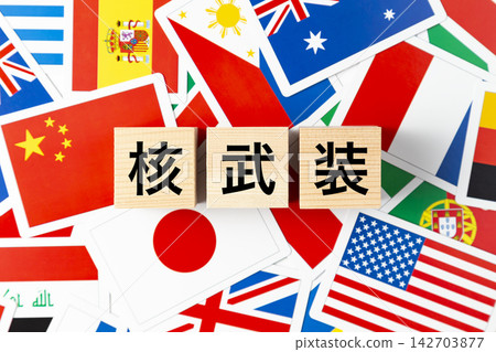 上面寫著「核武」字樣和各種國旗的方塊。 142703877