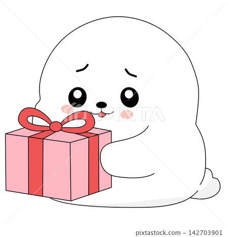 Cute white baby seal character receiving big red gift present box celebration holiday sticker print visual graphic clipart artwork design icon element illustration Cute white baby seal character receiving big red gift present box celebration holiday sticker print visual graphic clipart artwork design icon element illustration 142703901