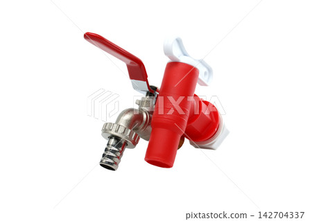 Red and silver water tap with hose connection and lever handle Red and silver water tap with hose connection and lever handle 142704337