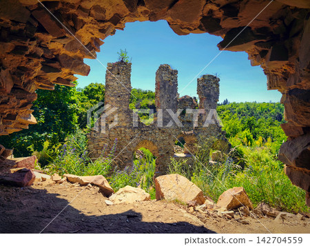 The beautiful old ruins of the Templstejn castle on the hill with the Jihlava river valley. South Moravia - Czech Republic. The beautiful old ruins of the Templstejn castle on the hill with the Jihlava river valley. South Moravia - Czech Republic. 142704559