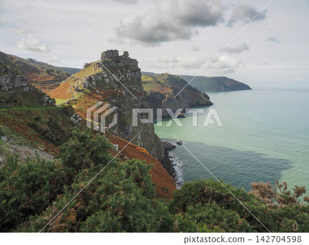 Castle Rock and rugged coastline, Valley of Rocks, Exmoor, Devon Castle Rock and rugged coastline, Valley of Rocks, Exmoor, Devon 142704598