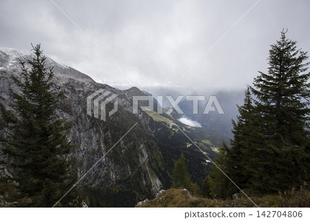 Panoramic view from Kehlstein mountain towards lake Konigssee in autumn, Bavaria, Germany Panoramic view from Kehlstein mountain towards lake Konigssee in autumn, Bavaria, Germany 142704806