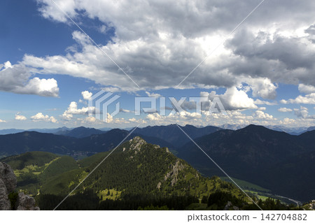 Panorama view from mountain Teufelstaettkopf in Bavarian Alps, Germany Panorama view from mountain Teufelstaettkopf in Bavarian Alps, Germany 142704882
