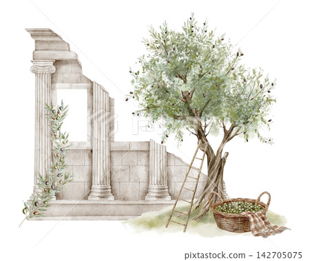 Roman colonnade watercolor illustration with an olive tree, ancient stone columns and Mediterranean landscape isolated on background. Classical architectural scene for history, travel designs. Roman colonnade watercolor illustration with an olive tree, ancient stone columns and Mediterranean landscape isolated on background. Classical architectural scene for history, travel designs. 142705075